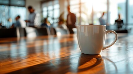 Blurred figures in a bright office space with a coffee cup in focus on a wooden table