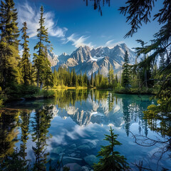 Pristine Mountain Lake Reflecting Snow-Capped Peaks and Evergreen Trees Under a Blue Sky
