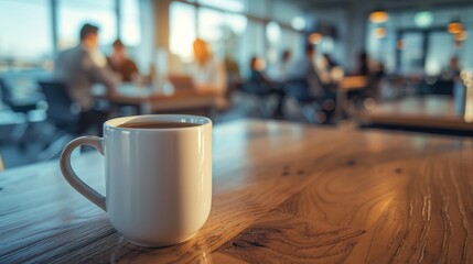 Blurred coffee cup in a busy cafe with warm sunlight