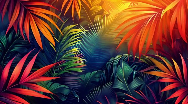 Fashionable summer tropical style, background with colored palm leaves, art wallpaper, summer colors, botanical tropical leaves, sunlight and shadows.