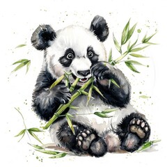 Adorable cartoon panda munches on bamboo in a colorful illustration