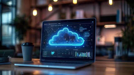 Laptop displaying cloud computing concept with blue cloud icon and data charts in modern office setting