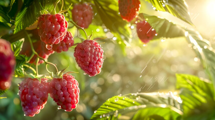 Ripe raspberries hanging from plant on sunny summer day