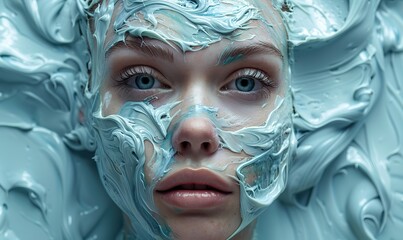 An abstract woman's face emerges from cosmetic cream smears on a blue background.