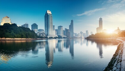 Showcase the shimmering reflections of a city skyline on a calm river.