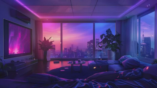 A cyberpunk apartment living room with large windows overlooking the city at sunset, with purple and pink hues, futuristic furniture and smart home technology, in a high resolution style.