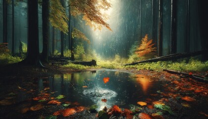 Fototapeta premium Splash of water in a puddle from the rain in the autumn forest