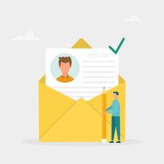 Employee recruitment process concept. A person writes and sends an online resume to a company. Human resources and personnel selection. Vector illustration.	