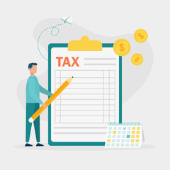 Man fills out financial document form on clipboard and payment date. Tax form, income tax return, company tax payment concept. Vector illustration.	