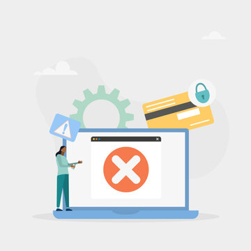 recommend clip art: Online transaction cancelled. Payment error. NFC cashless payment failed. Try again. Website with cross check mark. Vector illustration.
                    