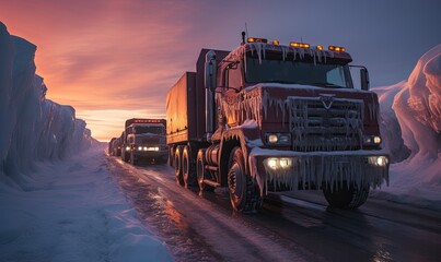 Trucks Driving on Snowy Road