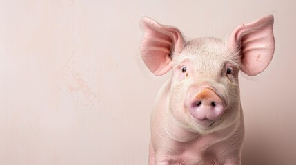 Fototapeta premium A pig with pink ears and a pink nose is standing in front of a white background