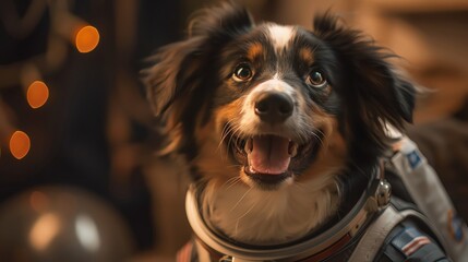 Puppy dressed as an astronaut with a big smile, looking ready for an adventure
