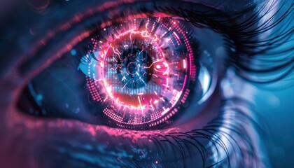 The Optical Biometrics Eye Futuristic Cyberspace Technology Neural Network with Beautiful Colors Scan