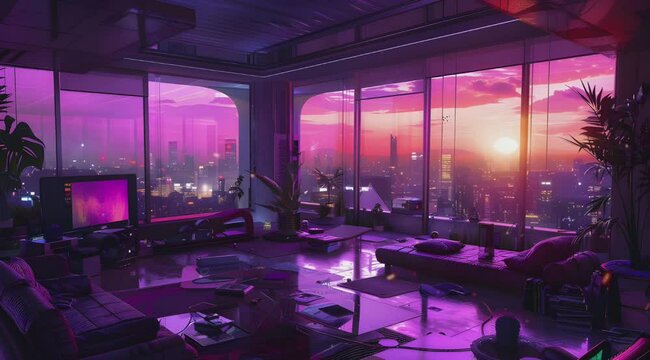 A cyberpunk apartment living room with large windows overlooking the city at sunset, with purple and pink hues, futuristic furniture and smart home technology, in a high resolution style.