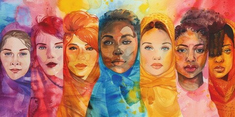 Fototapeta premium Smiling Multiracial and Multiethnic Female Colleagues Celebrating Women's Equality Day and International Women's Day, Embracing Diversity, Equity, Inclusion, and Belonging Through LGBTQ+ Unity and Emp