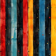 A colorful striped background with splatters of paint. The colors are red, yellow, and blue