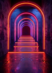 Fototapeta premium A neon lighted tunnel with red and blue lights. The tunnel is long and narrow