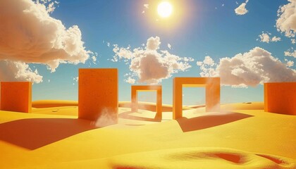 Experience an ultra-sharp 3D render a surreal desert scene, where white clouds vanish into yellow