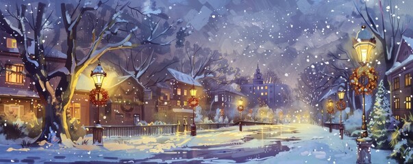Fototapeta premium Beautiful winter village with snow-covered houses, street lights, and a festive atmosphere. Perfect for holiday scenes and seasonal designs.