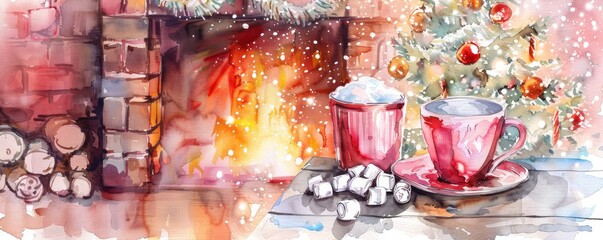 Cozy Christmas scene with a warm fireplace, decorated tree, and mugs of hot chocolate. Perfect holiday atmosphere to enjoy the winter season.