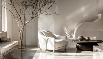 Contemporary living room with plush armchair, sleek table, natural tree branches