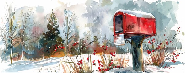 Watercolor painting of a red mailbox in a snowy landscape with trees and red berries, evoking a sense of winter serenity and rustic charm.