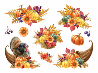 Thanksgiving decoration elements set. Watercolor vintage style illustration. Autumn floral festive elements with pumpkin, cornucopia, fallen leaves, turkey bird. Thanksgiving decor isolated.