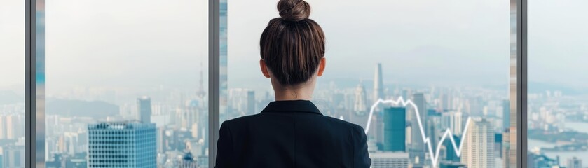 Fototapeta premium Businesswoman in skyscraper office overlooking city with rising stock charts, career success, economic boom