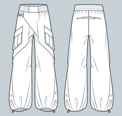 Wrap Pants fashion flat technical drawing template. Wide Leg Pants technical fashion Illustration, drawstring bottom, pockets, oversize, front back view, white, women, men, unisex CAD mockup.