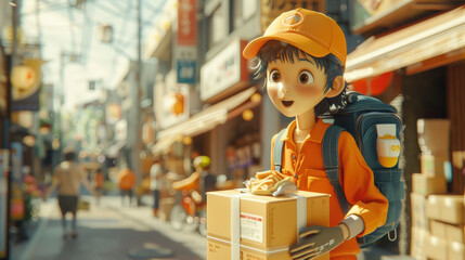 A cheerful animated delivery person in an orange uniform carries boxes down a busy street lined with shops and people.