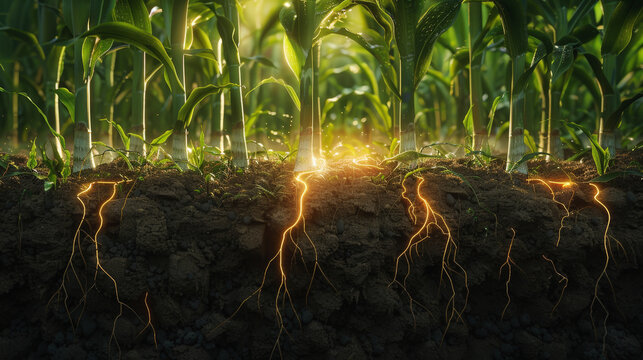Vibrant corn plants with roots illuminated underground, highlighting the essential connection between soil and plant growth in a healthy, thriving ecosystem.