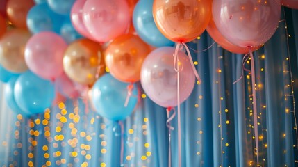 Colorful balloons and lights create a festive atmosphere