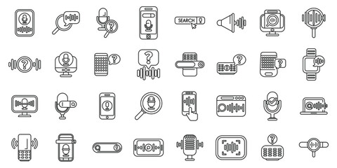 Voice search icons set. Voice recognition icons set, voice control technology line icons pack, voice assistant linear symbols collection