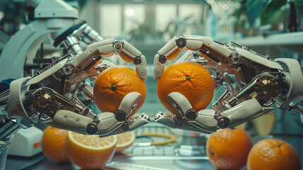 Robot hands holding oranges in a laboratory setting, likely indicating a study of technology interacting with agriculture or food science.