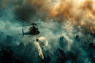 Fototapeta premium fire helicopter extinguishes a forest fire
