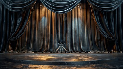 Luxurious black and gold theater stage with spotlights illuminating the empty platform