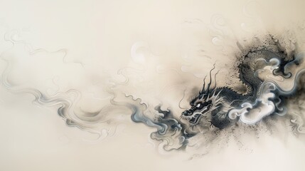 Elegant traditional Asian ink painting of a mythical dragon entwined in swirling clouds against a soft gradient background. © tinnakorn