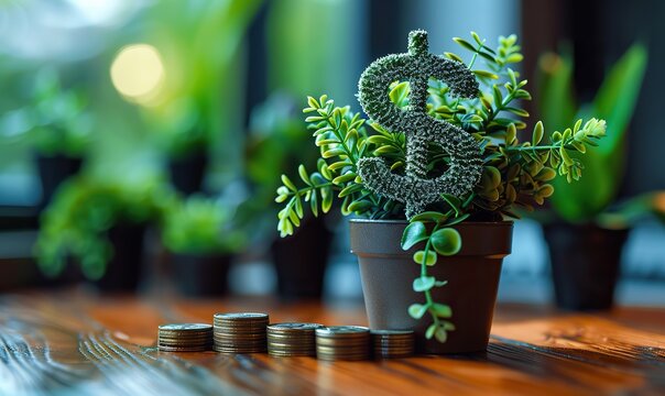 Dollar sign-shaped plant in a pot on an office desk represents investment and income concepts.