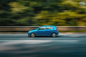 Obraz premium blue car at high speed along the highway obscures the speed of movement