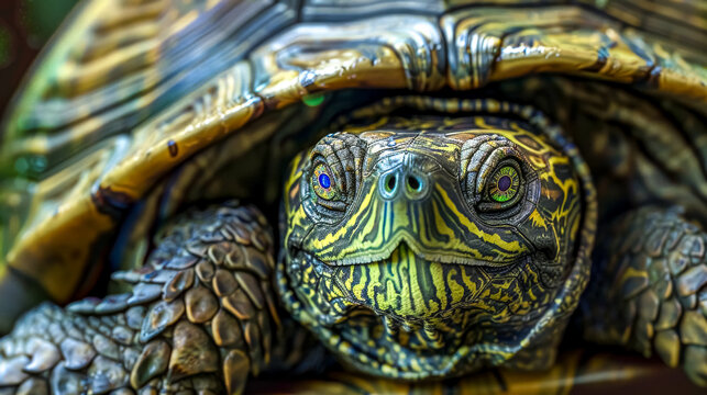 Close up of a turtle showing its colorful shell