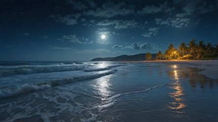 Obraz premium Moonlit Tranquility: A serene beach under the light of a full moon.
