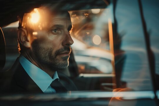 Businessman looking through window in car
