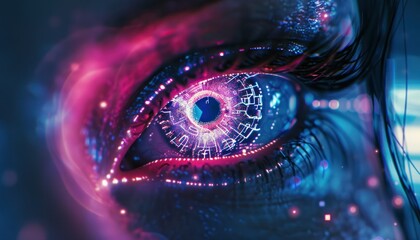 The Optical Biometrics Eye Futuristic Cyberspace Technology Neural Network with Beautiful Colors Scan