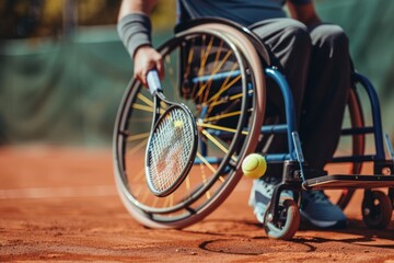 Fototapeta premium Close up Disabled man on a wheelchair plays tennis on a tennis court