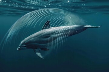 Fototapeta premium Close up Dolphin underwater with transparent waves emanating from it, communication on frequencies