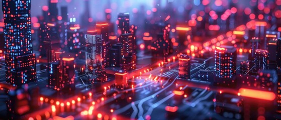 A futuristic city skyline with neon lights and glowing energy beams.