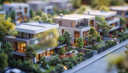 Contemporary miniature model a townhouse neighborhood, captured with tilt-shift focus