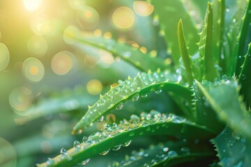Fototapeta premium Close up macro leaves Aloe Vera leaves are fresh green with clear water droplets on them blurred bokeh background