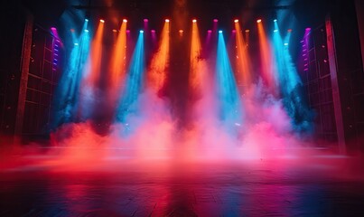 Obraz premium The stage is alight with colored spotlights and smoke, creating a dramatic scene background.